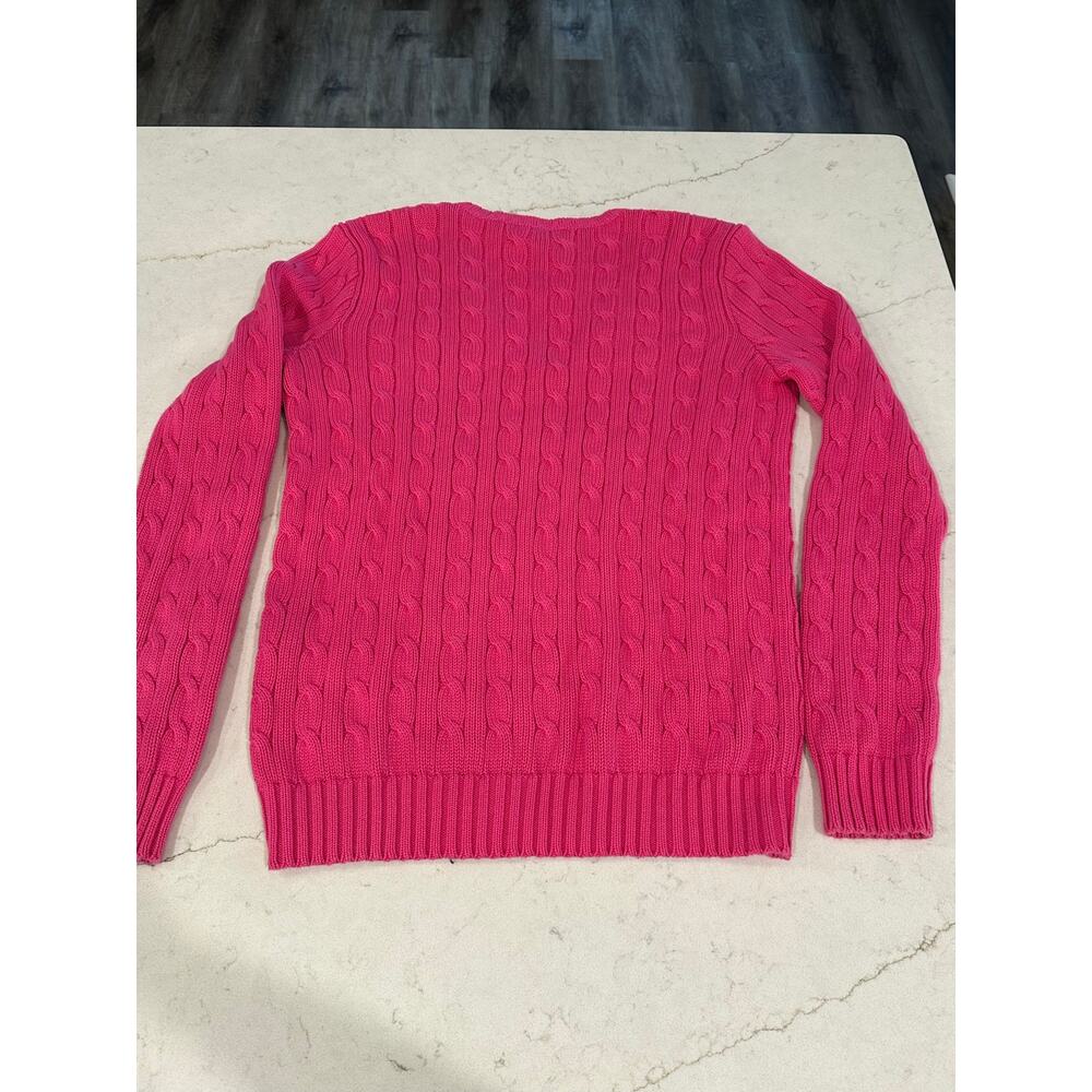 Ralph Lauren Sport Womens M Pink Cable Knit V Neck Cotton Sweater Preppy Pony - Picture 6 of 8